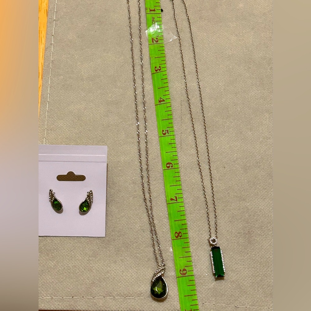 Costume jewelry Two silver tone &green stone necklaces and green stone earrings
